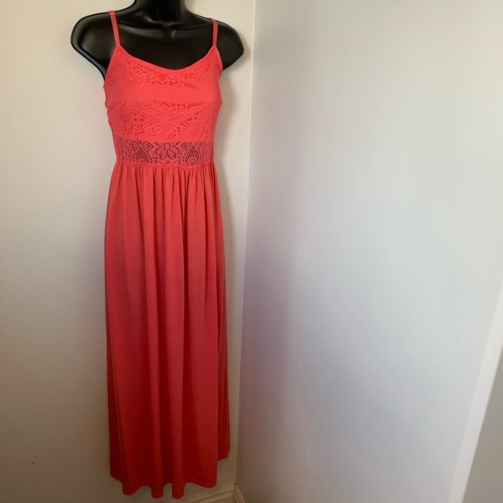 BAILEY BLUE coral maxi dress is crochet lace top